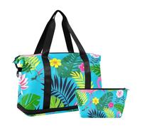 Borsa da viaggio estiva con fenicotteri e foglie blu, borsa da viaggio con borsa da toeletta per viaggi di grande capacità, Fenicotteri estivi foglia fiore blu, 1 size