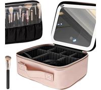 Borsa da viaggio for il trucco con divisori regolabili e specchio con luce LED | Organizer portatile impermeabile for cosmetici da appendere for riporre articoli da toeletta(Pink)