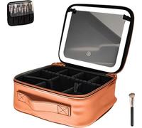 Borsa da viaggio for il trucco con divisori regolabili e specchio con luce LED | Organizer portatile impermeabile for cosmetici da appendere for riporre articoli da toeletta(Brown)