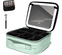 Borsa da viaggio for il trucco con divisori regolabili e specchio con luce LED | Organizer portatile impermeabile for cosmetici da appendere for riporre articoli da toeletta(Green)