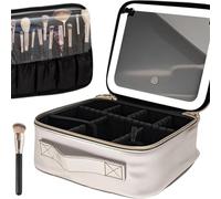 Borsa da viaggio for il trucco con divisori regolabili e specchio con luce LED | Organizer portatile impermeabile for cosmetici da appendere for riporre articoli da toeletta(Silver)