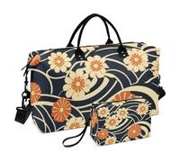 Borsa da viaggio giapponese nera con motivo floreale wabi-sabi, borsa da palestra con tracolla regolabile per yoga, set da 2 pezzi, Motivo floreale wabi-sabi nero giapponese, 1 size