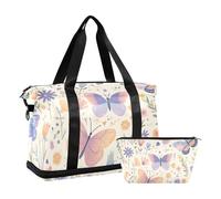 Borsa da viaggio grande con fiori freschi e farfalle, borsa da viaggio con borsa da toilette per viaggi di lavoro, set da 2 pezzi, fiori freschi primavera farfalla, 1 size