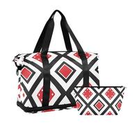 Borsa da viaggio grande con motivo a rombi giapponesi rosso e nero, borsa da viaggio a tracolla per il fine settimana con tracolla regolabile per viaggi di lavoro, set da 2 pezzi, Giappone Argyle