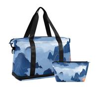 Borsa da viaggio grande con motivo cinese blu montagna con tasca bagnata tracolla regolabile palestra Carry on borsone per escursionismo multifunzionale per uomini donne