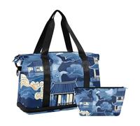Borsa da viaggio grande in stile cinese con casetta sull'albero, da palestra, con borsa da toilette per allenamento, set da 2 pezzi, Stile cinese Blue Tree House, 1 size