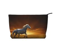 Borsa da viaggio in pelle con cerniera e nuvole luminose rosse con cavalli neri, borse per cosmetici da donna, piccola borsa per il trucco da borsa, borsa da viaggio portatile per cosmetici, borsa reg