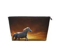 Borsa da viaggio in pelle con cerniera e nuvole luminose rosse con cavalli neri, borse per cosmetici da donna, piccola borsa per il trucco da borsa, borsa da viaggio portatile per cosmetici, borsa reg