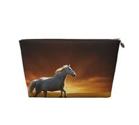 Borsa da viaggio in pelle con cerniera e nuvole luminose rosse con cavalli neri, borse per cosmetici da donna, piccola borsa per il trucco da borsa, borsa da viaggio portatile per cosmetici, borsa reg