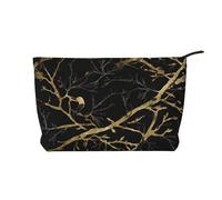 Borsa da viaggio in pelle con cerniera, motivo marmo nero e oro, con uccelli, per cosmetici da donna, piccola borsa per il trucco da borsa, borsa da viaggio portatile per cosmetici, borsa regalo per d
