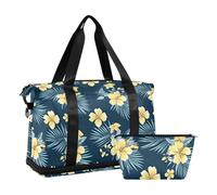 Borsa da viaggio in stile tropicale con fiori di palma foglie gialle e blu, borsa da viaggio da viaggio, weekender, palestra, sport, con tracolla regolabile, set da 2 pezzi, Stile tropicale fiore