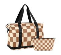Borsa da viaggio in tartan americano arancione e bianco, borsa da palestra a tracolla per il fine settimana con borsa da toeletta per allenamento impermeabile, Plaid americano arancione e bianco, 1