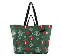 Borsa da viaggio in tela riutilizzabile da cucina, per la spesa, da donna, per matrimoni, feste, Natale, verde, rosso, bianco, cuore, fiocco di neve