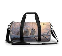 Borsa da viaggio invernale con tre gufi su un ramo d'albero innevato, borsa da palestra per donne e uomini, borsa da viaggio cilindrica con tracolla