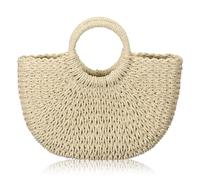 Borsa da viaggio leggera da donna, realizzata a mano, in paglia e rattan, leggera, estiva, Beige, Large