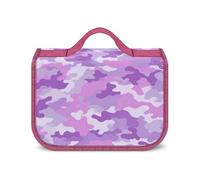 Borsa da viaggio mimetica viola chiaro per donna, organizer per trucchi da appendere con gancio per shampoo