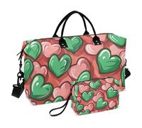 Borsa da viaggio oversize con sfondo arrossire con un sacco di cuori verdi su di esso, borsone da viaggio per la notte, borsa tote con tracolla regolabile per viaggi in aereo, set da 2 pezzi,
