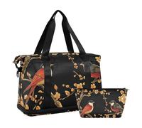 Borsa da viaggio per capodanno con uccellini e fiori, borsa a tracolla per il fine settimana con borsa da toeletta per viaggi di lavoro pieghevole, Nero rosso Capodanno uccelli e fiori, 1 size