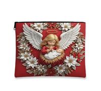 Borsa da viaggio per cosmetici vintage floreale, design angelo, borsa da viaggio per donne, organizer portatile in tela con cerniera, borsa da toilette natalizia, Rosso, 7x9 Inch, Angelo