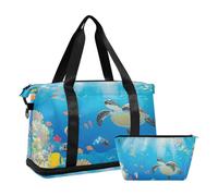 Borsa da viaggio per il fine settimana con tartaruga marina colorata con cartoni animati e borsa da toilette per yoga impermeabile, Cartone animato carino colorato mondo tartaruga marina, 1 size
