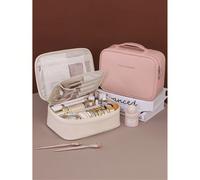 Borsa da viaggio per il make-up di grande capacità, organizer per il make-up a doppio strato, borsa cosmetica multifunzionale, borsa da toilette portatile, pochette per il make-up impermeabile in pell