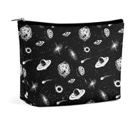 Borsa da viaggio per il trucco, borsa cosmetica portatile impermeabile con motivo universo galassia stelle spazio pianeti UFO in bianco e nero, custodia per il trucco in pelle PU di grande capacità, b