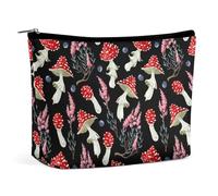 Borsa da viaggio per il trucco, borsa cosmetica portatile impermeabile nera funghi rossi floreali, borsa per il trucco in pelle PU di grande capacità, borsa tote da donna dal design estetico
