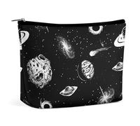 Borsa da viaggio per il trucco, borsa cosmetica portatile universo cartone animato galassia stelle pianeti ufo bianco e nero, borsa per il trucco in pelle PU di grande capacità, borsa da toilette impe