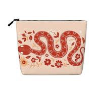 Borsa da viaggio per il trucco da donna di grande capacità con serpente rosso e fiori, borsa cosmetica portatile impermeabile con cerniera, in simil canapa monostrato