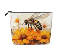 Borsa da viaggio per il trucco da donna di grande capacità, motivo Flowers And Bees, impermeabile, monostrato, in imitazione canapa, con cerniera, portatile.