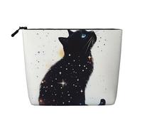 Borsa da viaggio per il trucco da donna di grande capacità, motivo gatto nero che guarda in alto, impermeabile, monostrato, in finta canapa, con cerniera, portatile.