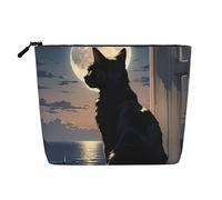 Borsa da viaggio per il trucco da donna di grande capacità, motivo "Gatto Nero che si gode la luna", impermeabile, monostrato, in finta canapa, con cerniera, portatile.