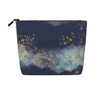 Borsa da viaggio per il trucco da donna di grande capacità, motivo nuvole e stelle nere, impermeabile, monostrato, in imitazione canapa, con cerniera, portatile