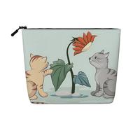Borsa da viaggio per il trucco da donna, grande capacità, a forma di gatto con girasole rosso, impermeabile, in simil canapa, con cerniera, portatile.