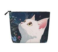 Borsa da viaggio per il trucco da donna, grande capacità, con motivo a gatto bianco che guarda in alto, impermeabile, monostrato, in finta canapa, con cerniera, portatile