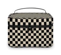 Borsa da viaggio per il trucco da uomo e da donna, a quadri beige e neri, con scomparti e manico, per feste di nozze, grande capacità, impermeabile, per la cura della pelle, da toeletta e per il tru