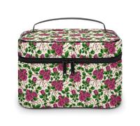 Borsa da viaggio per il trucco da uomo e da donna, con ca vintage e rose rosa, con scomparti e manico, per feste di nozze, grande capacità, impermeabile, per la cura della pelle, per articoli da