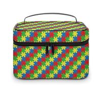 Borsa da viaggio per il trucco da uomo e da donna, con motivo a puzzle a scacchi, per la consapevolezza dell'autismo, con scomparti, manico, per matrimoni, feste, grande capacità, impermeabile, per