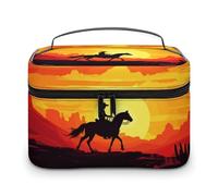 Borsa da viaggio per il trucco da uomo e da donna, motivo cowboy con tramonto, con scomparti e manico, per feste di nozze, grande capacità, impermeabile, per la cura della pelle, da toeletta, organi