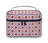 Borsa da viaggio per il trucco da uomo e da donna, motivo: margherite dei cartoni animati, a scacchi bianchi e viola, con scomparti e manico, per feste di nozze, grande capacità, impermeabile, per l