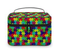 Borsa da viaggio per il trucco da uomo e da donna, stile retrò, a scacchi e puzzle, per la consapevolezza dell'autismo, con scomparti, manico, per feste di nozze, grande capacità, impermeabile, per