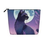 Borsa da viaggio per il trucco di grande capacità per donne, motivo "Black Cat Under The Moon" per San Valentino, impermeabile, monostrato, in imitazione canapa, con cerniera, portatile
