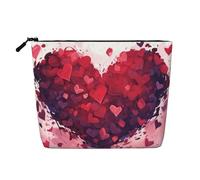 Borsa da viaggio per il trucco di grande capacità per San Valentino con cuori rossi, per donna, impermeabile, monostrato, in imitazione canapa, con cerniera, portatile