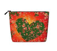 Borsa da viaggio per il trucco di grande capacità "Red And Green Love" per donna, impermeabile, monostrato, in finta canapa, con cerniera, portatile