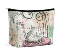 Borsa da viaggio per il trucco e cosmetici in pelle PU con motivo "Cat on Cake" per donna, organizer portatile con chiusura a bottone.