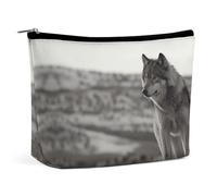 Borsa da viaggio per il trucco in pelle PU "Wolf On The Grass" con tasca portaoggetti per cosmetici da donna, organizer portatile con chiusura a borsa.