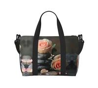 Borsa da viaggio per la notte, con stampa di fiori di rosa e pietre termali, borsa da viaggio, borsa per oggetti personali, per viaggi, palestra, sport, weekender, Nero , Taglia unica