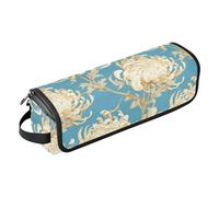 Borsa da viaggio per strumenti per capelli con crisantemo bianco ciano e tappetino resistente al calore, con cerniera, porta ferro arricciacapelli, organizer portatile per ferri da stiro, piastre e