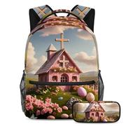 Borsa da viaggio per studenti, libera il tuo stile con questo zaino e astuccio combinato, casa con croce pasquale rosa, Multicolore, B：29.4x20x40cm P：19x7.5x3.8cm, Zaini Daypack