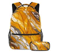 Borsa da viaggio per studenti, libera il tuo stile con questo zaino e astuccio combinato, texture marmo giallo, Multicolore, B：29.4x20x40cm P：19x7.5x3.8cm, Zaini Daypack